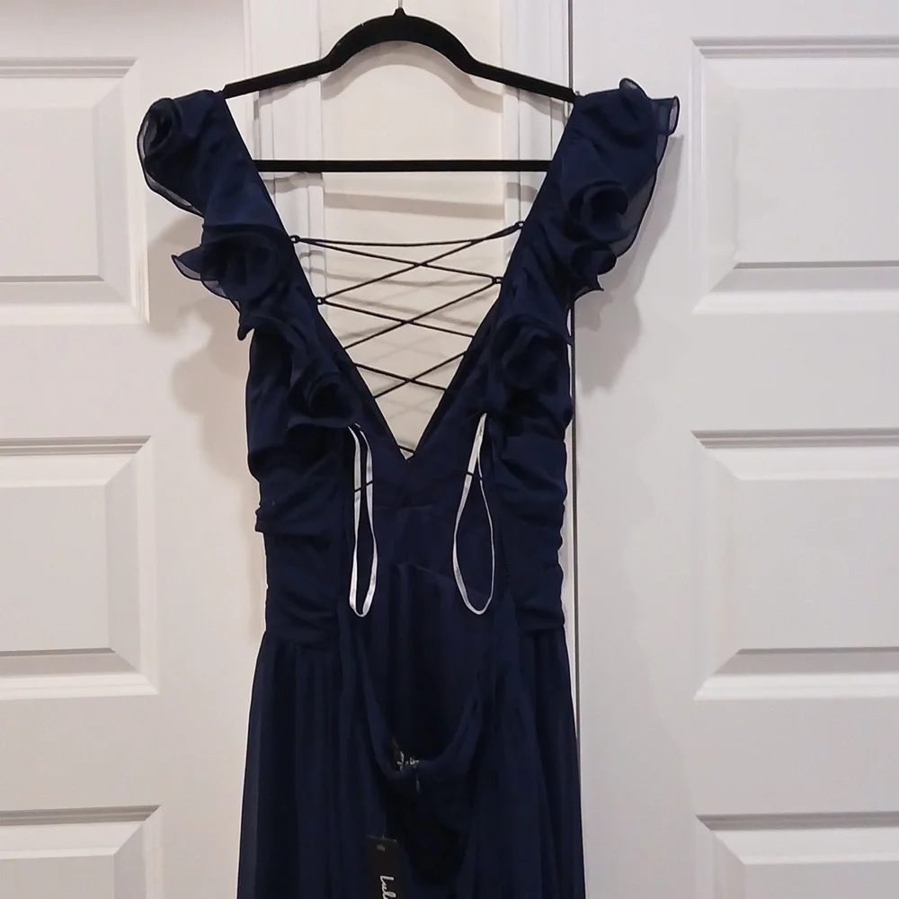 New Lulus Soiree Celebration Navy Blue Ruffled Lace Up Back Maxi Dress Size XL - Picture 9 of 10